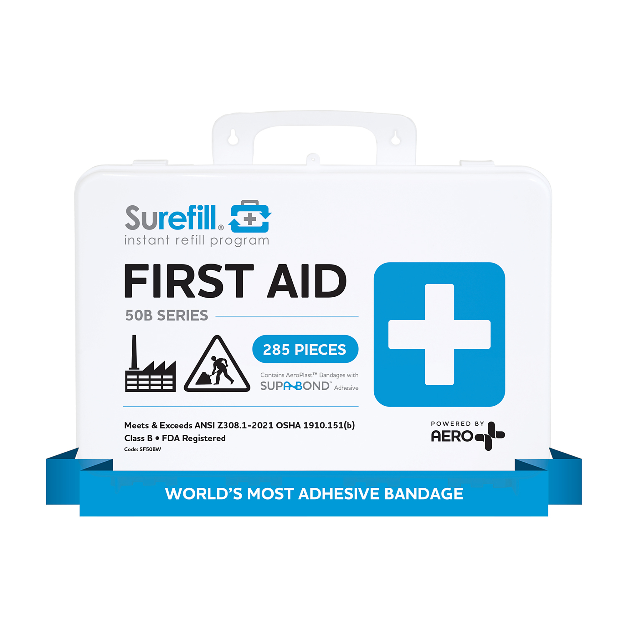 Aero Healthcare, 50 ANSI 2021 B First Aid Kit. Plastic Case, Items Per Kit 285 Class B, ANSI Compliant, Model# SF50BW